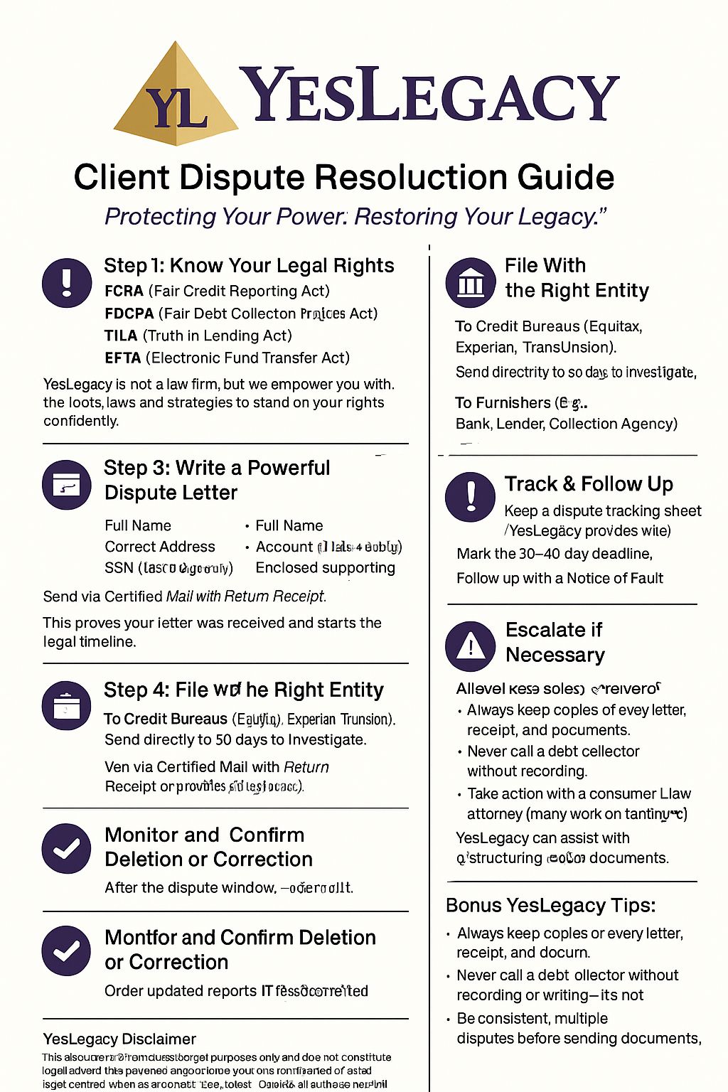 YesLegacy Client Dispute Resolution Guide - Step-by-step process for credit disputes including legal rights, filing procedures, and follow-up strategies